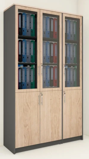 3 Door High Cabinet with Glass Doors and Wooden Frame