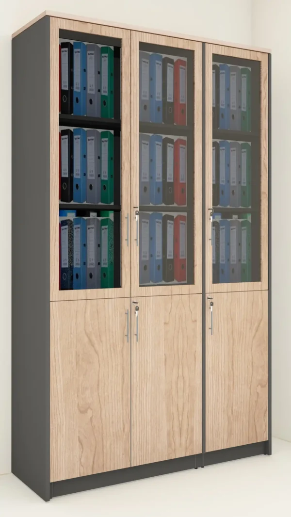 3 Door High Cabinet with Glass Doors and Wooden Frame